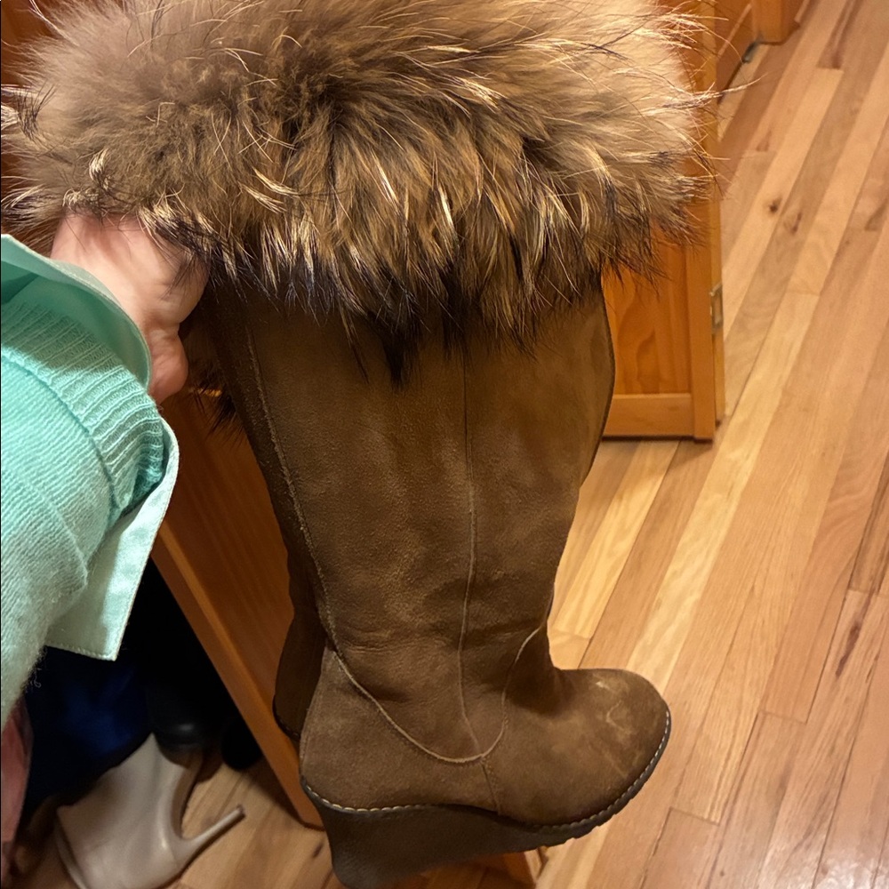 Australian Shearling tall suede platform boot with raccoon fur